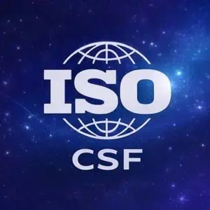 Homepage 1 ISO cybersecurity certification logo on a starry background for online security.