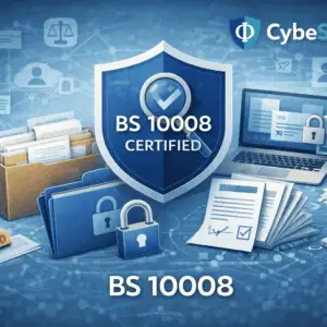 Homepage 9 CyberSure BS 10008 online security certification with digital security icons.